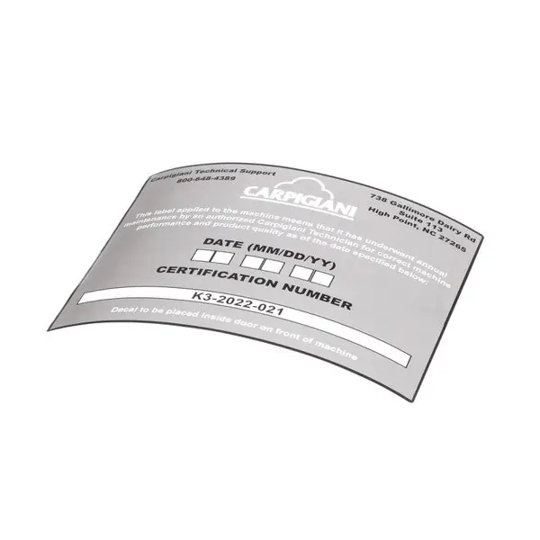 Decal-PM Certification for Carpigiani US192-024276