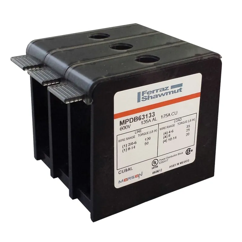 Mersen MPDB66513 Power Distribution Block 600 VAC 350 A 3 Poles 14 to 2/0 AWG Wire