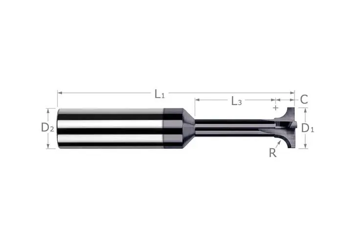 Harvey Tool 16030-C3 Flared Corner Rounding End Mill, 0.1 in Dia Cutter, 0.03 in Length of Cut, 3 Flutes, 3/16 in Dia Shank, 2 in OAL, AlTiN