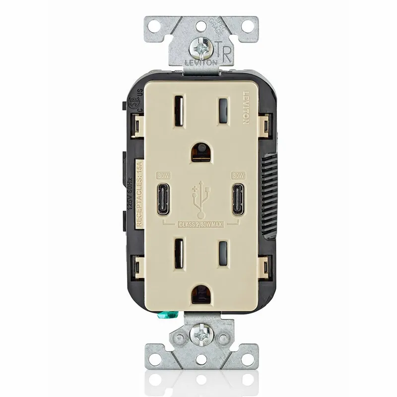 Leviton T5635-I 15 Amp 125 Volt Decora Tamper-Resistant Outlet NEMA 5-15R 30W 6 Amps Dual Type-C C PD USB Chargers