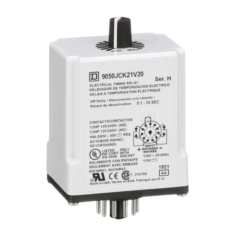 Square D 9050JCK21V20 Timing Relay 120 VAC 110 VDC Coil 10 Amp DPDT Plug-In Socket Mount AC/DC Timing Relay
