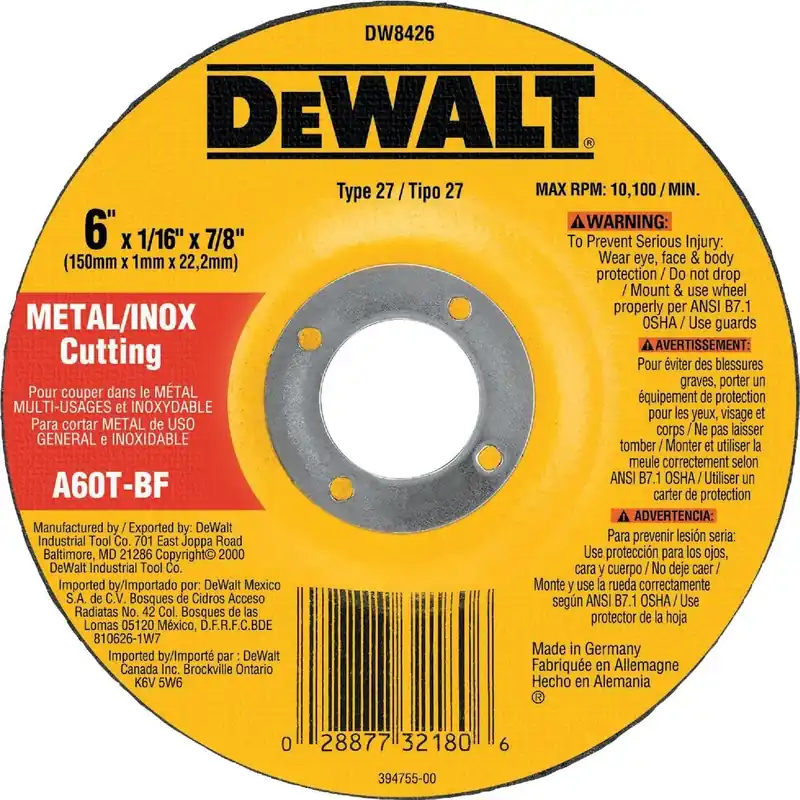 DeWalt DW8426 HP Type 27 6 In.x .045 In. x 7/8 In. Metal/Stainless Cut-Off Wheel