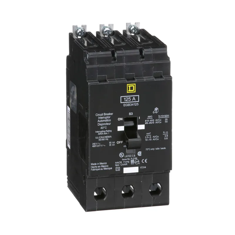 Square D EGB34125 3-Pole 125 Amp 480 Volt Thermal Magnetic Miniature Circuit Breaker