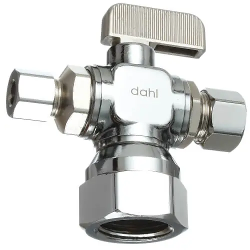 Dahl 611-53-31-30 1/2 FIP x 3/8 OD Comp x 1/4 OD Comp Dual Outlet Valve Lead Free Chrome Plated