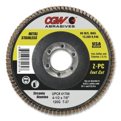 CGW Abrasives 41754 Z-Poly Cotton Flap Disc 60 Grit 4-1/2 in dia 5/8 in - 11 Thread