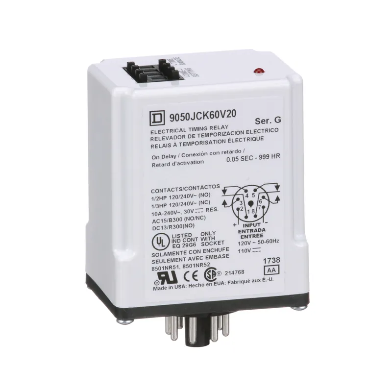 Square D 9050JCK60V20 Timing Relay 10 Amp DPDT Plug-In Socket 120VAC 110VDC