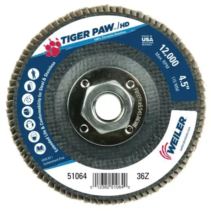 Weiler 51064 Tiger Paw Super High Density Flap Disc 4-1/2 in Dia 36 Grit