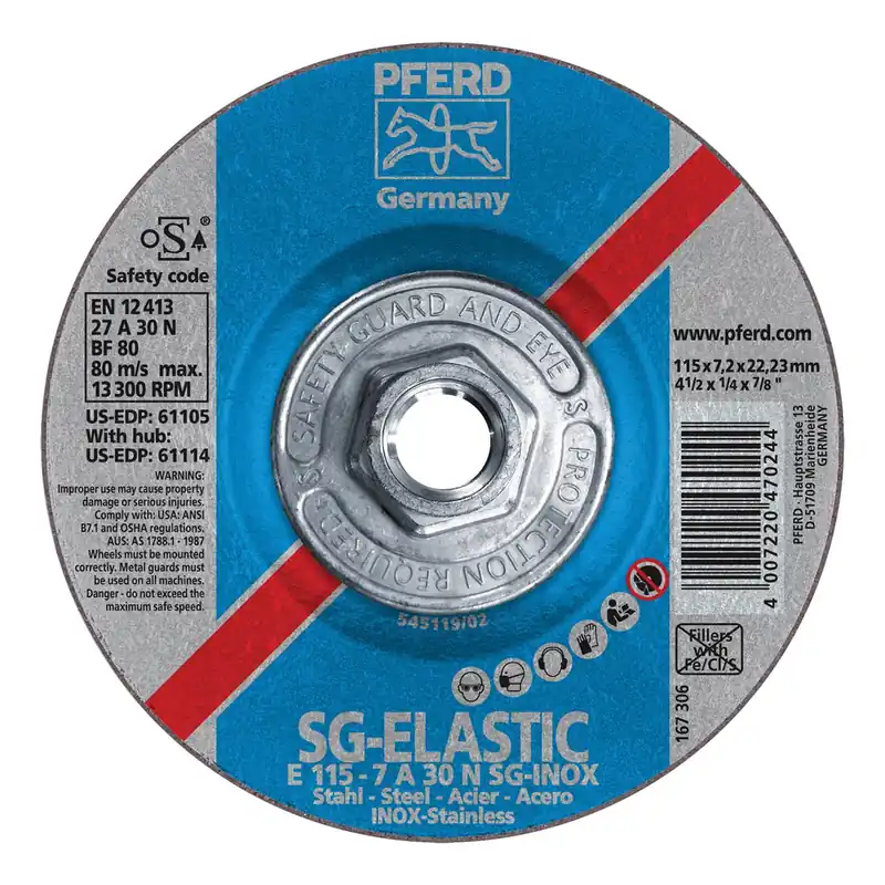 PFERD 69901192 Performance Line SG Depressed Center Wheel 4-1/2 in Diameter 30 Grit 61114