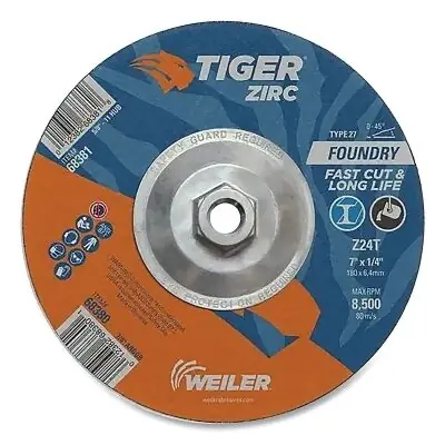 Weiler 68381 Tiger Grinding Wheel 7 Inch 24 Grit Zirconia Alumina Type 27