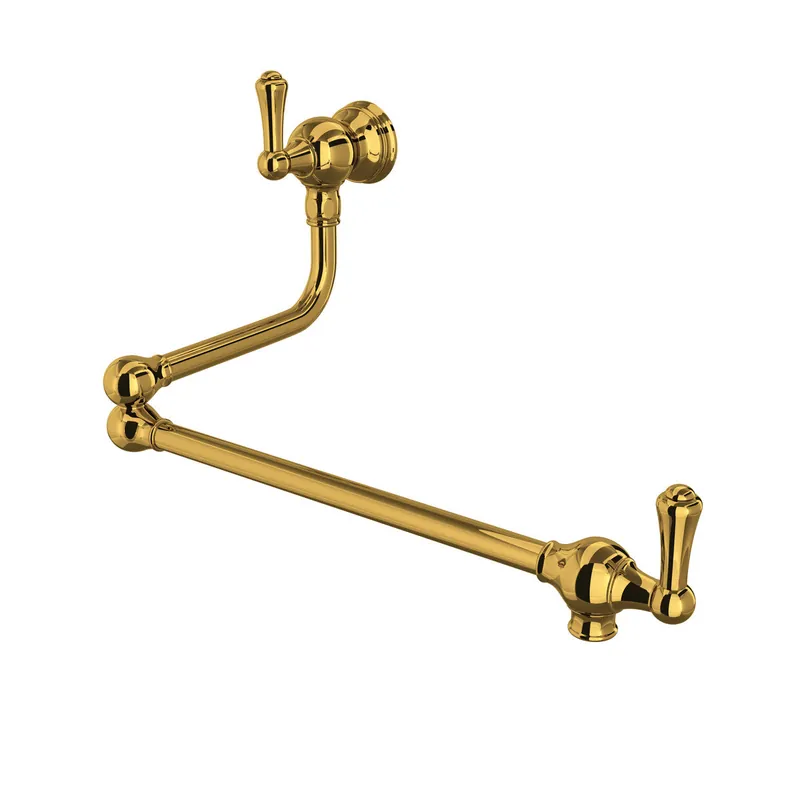 Rohl U.4799LS-ULB-2 Perrin And Rowe Edwardian Era Wall Mounted Swing Arm Pot Filler With Lever Handles Unlacquered Brass