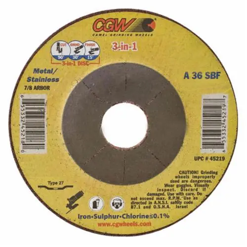 CGW 45222 3-in-1 High Performance Depressed Center Wheel 6 in Dia x 3/32 in THK 7/8 in Center Hole