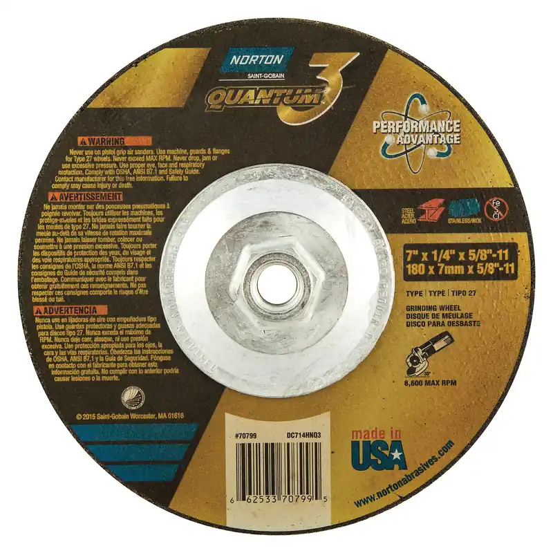 Norton 66253370799 Quantum3 SG Series Depressed Center Wheel 7 in Dia x 1/4 in THK 20 Grit