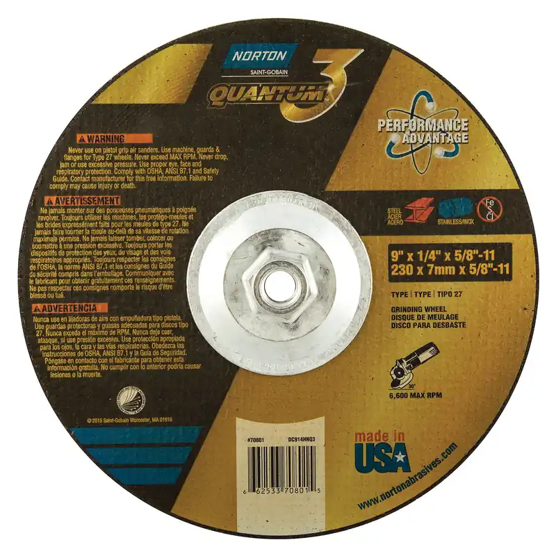 Norton 66253370801 Quantum3 SG Series Depressed Center Wheel 9 in Dia x 1/4 in THK 20 Grit