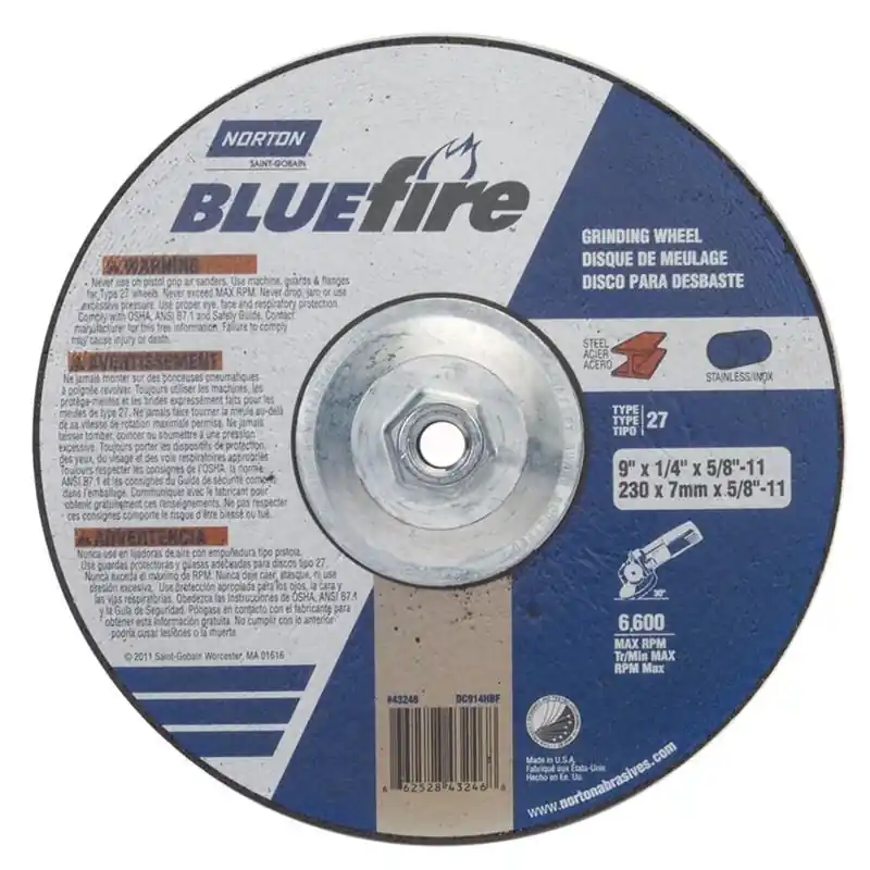 Norton 662528-43246 BlueFire Zirconia Alumina Type 27 Grinding Wheel 6600 RPM 9 x 1/4 x 5/8-11