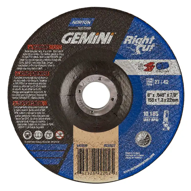 Norton 66252842202 Gemini RightCut A Type 27/42 Right Angle Cut-Off Wheel