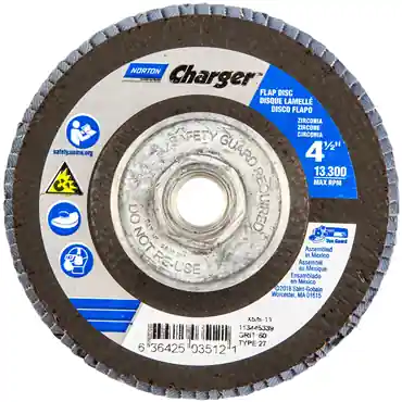 Norton 63642503512 Charger Zirconia Alumina Coarse Grit Arbor Thread Fiberglass Flat Flap Disc