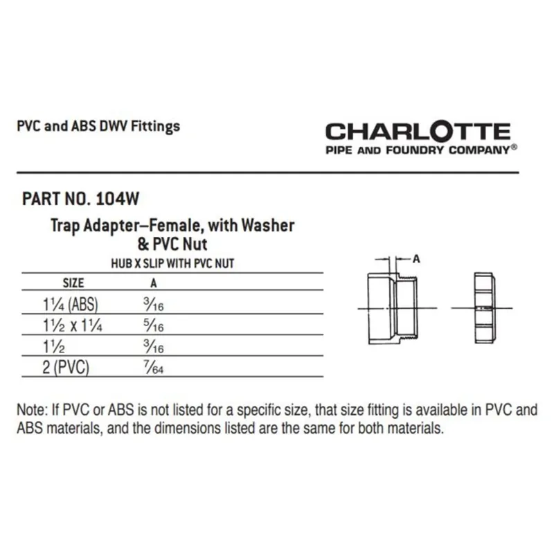 Charlotte Pipe ABSF-150-FTA-A 1-1/2 Trap Adapter (Female) - Hub x MIP
