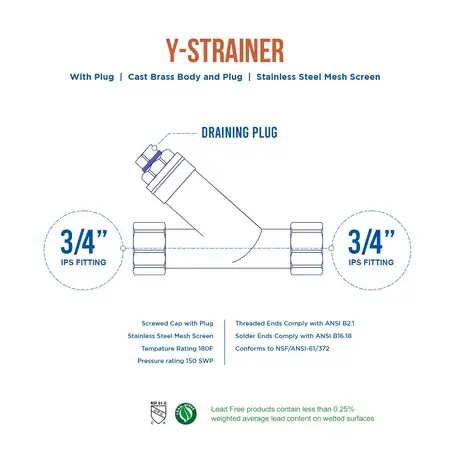 Everflow 100T034-NL FIP Y-Strainer Stainless Steel Mesh Screen Cast Brass Filter Valve