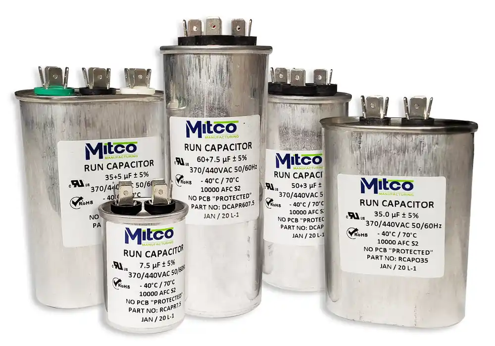 Mitco RCAPR12.5 Run Round Capacitor 12.5 MFD 370/440 VAC Metal Spade Connection