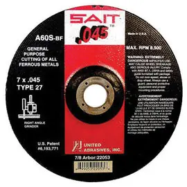 United Abrasives 22053 Depressed Center Wheel - Type 27, 7 in Wheel Dia., 0.045 in Thickness, 60 Grit
